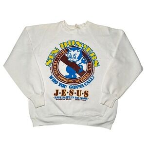 Vintage 80s Fruit the Loom Sin Busters Jesus Religious Sweatshirt L Bible RARE